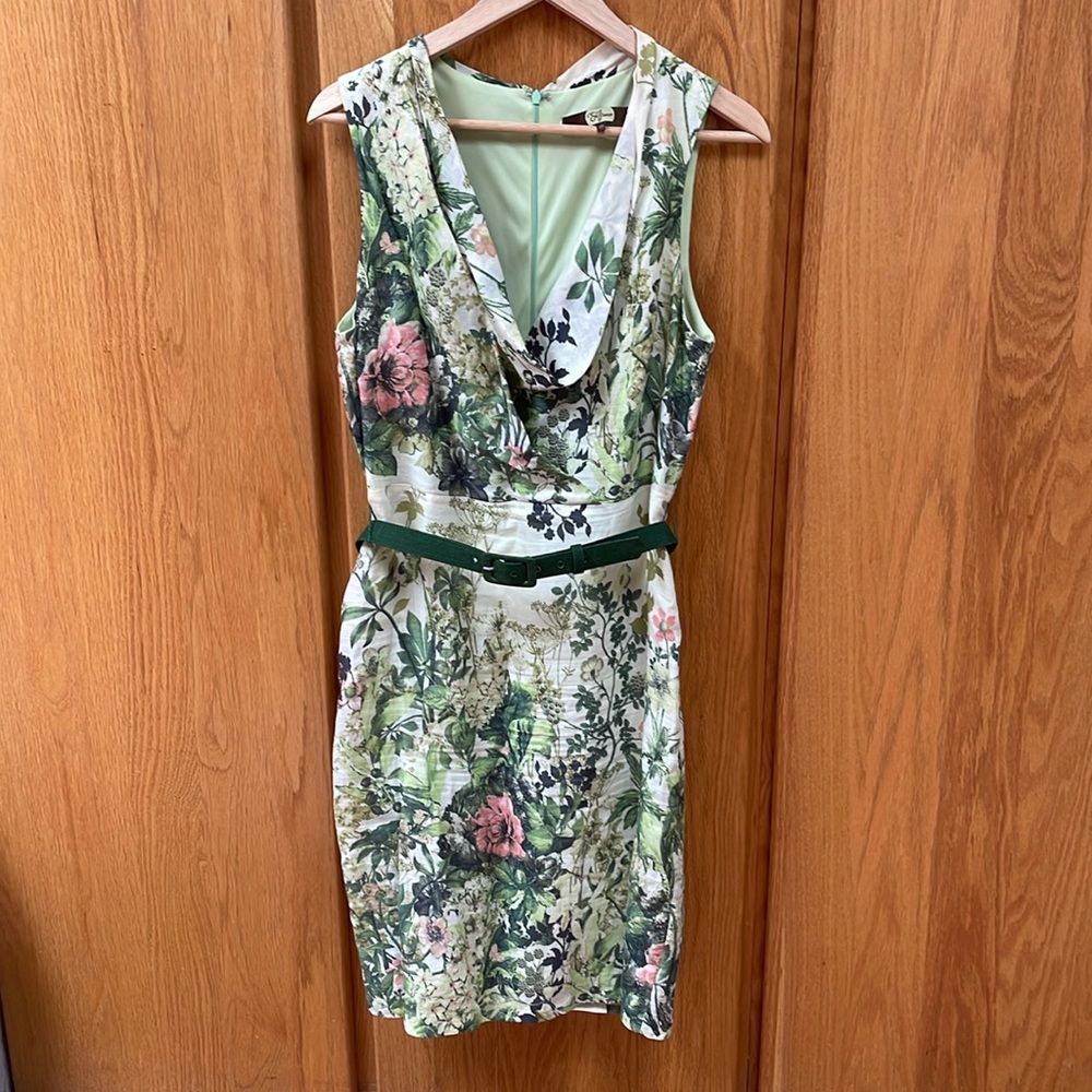 Eva Franco Pink Green Floral Ramie Linen Cowl Neck Sheath Dress 10